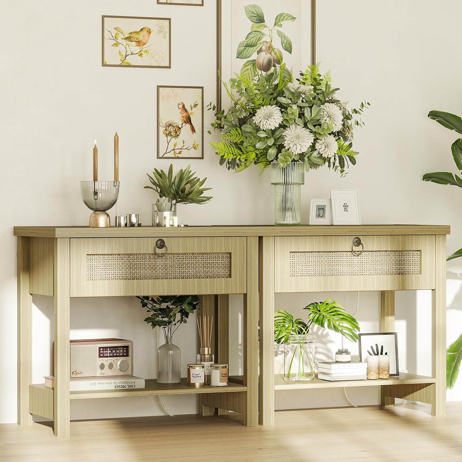 Nightstand Set 2 with Drawers - Large Rattan Bedside Table with Golden Handle, 1 Drawers Night Stand Tall End Table 27.5" Wide Side Table Boho Nightstand for Bedroom - Image 3