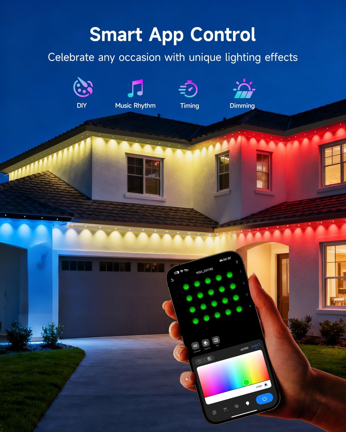 Permanent Outdoor Lights for House, 50FT with 30 RGBCW LEDs for Christmas, Daily and Holiday Lighting, Eave Lights for Outdoor Decorations, IP67 Waterproof, Works with Alexa, Google Assistant, Black - Image 4