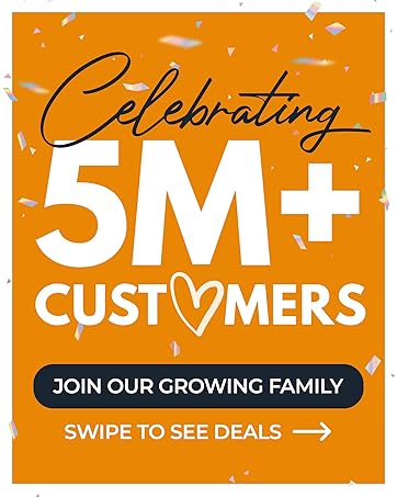 Text reads: 'Celebrating 5M+ CUSTOMERS' with 'JOIN OUR GROWING FAMILY' and 'SWIPE TO SEE DEALS →' on orange background. Heart icon replaces 'O' in 'CUSTOMERS'.