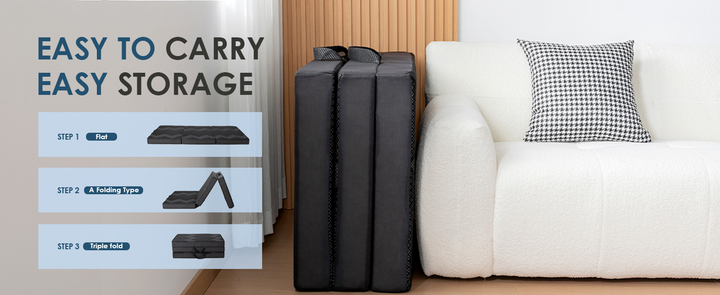 tri-fold foldable mattress easy storage with portable handles