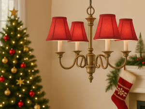 red striped chandelier shades, Christmas decor, brass chandelier, holiday lighting