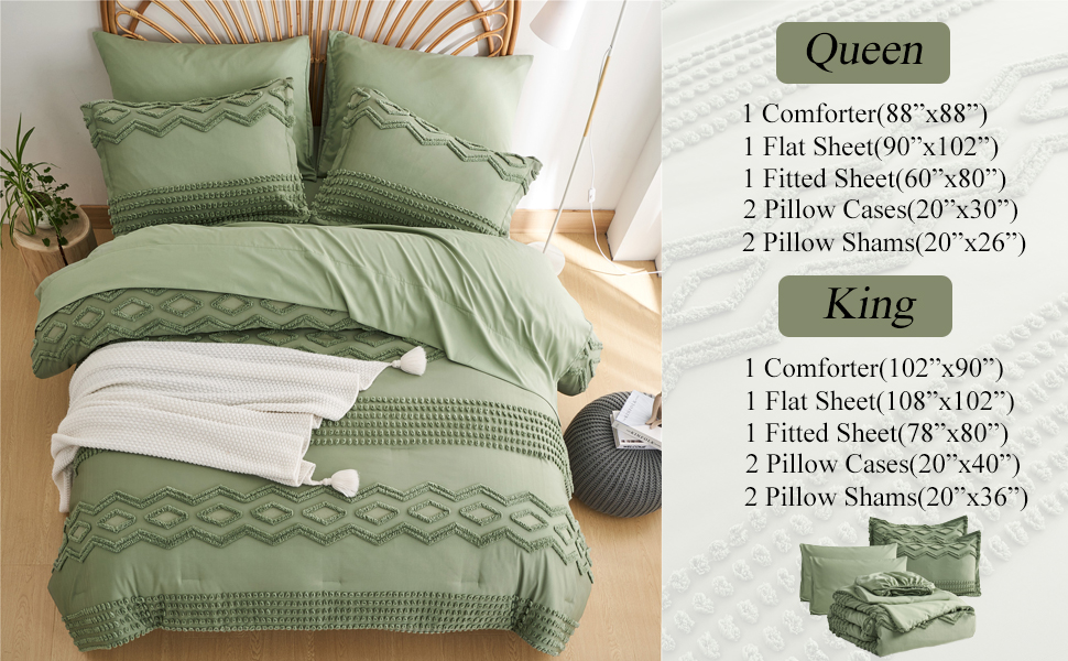 7 Piece Queen/King Size Sage Green Tufted Comforter Set