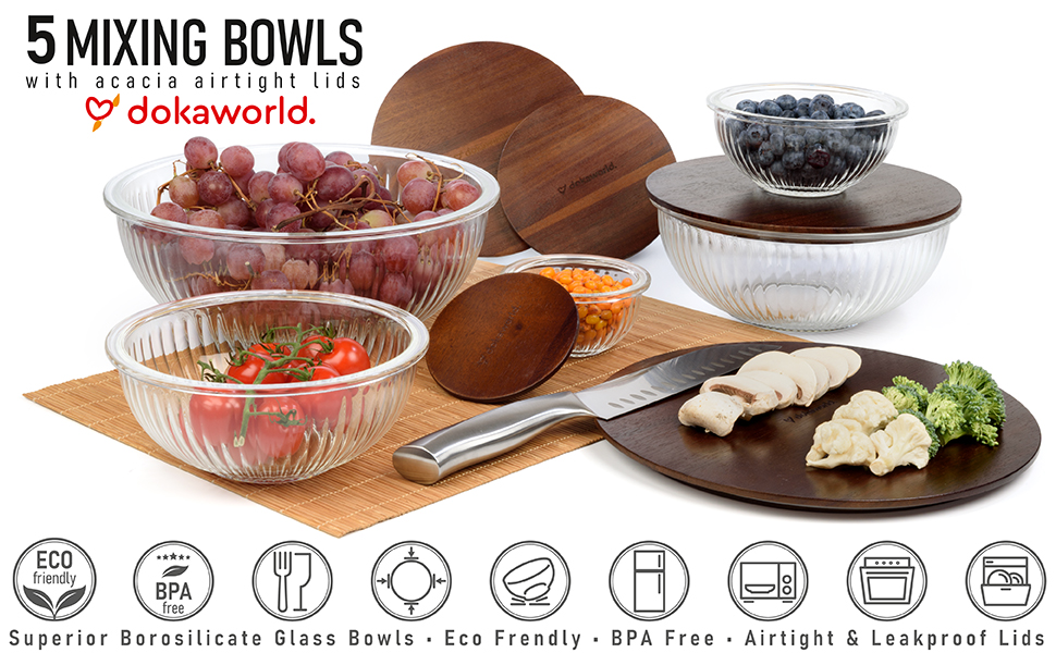 Stackable Space-Saving Set of 5 Nesting Glass Bowls with Acacia Lids for Foodprep, Storage, Mixing