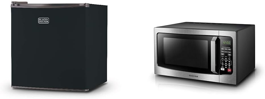 BLACK+DECKER BCRK17B Compact Refrigerator Energy Star Single Door Mini Fridge with Freezer, 1.7 Cubic Feet, Black & TOSHIBA EM131A5C-SS Countertop Microwave Ovens 1.2 Cu Ft, 12.4″