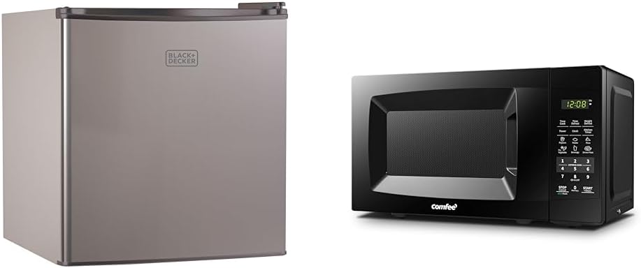 BLACK+DECKER BCRK17V Compact Refrigerator Energy Star Single Door Mini Fridge with Freezer & COMFEE’ EM720CPL-PMB Countertop Microwave Oven with Sound On/Off, ECO Mode