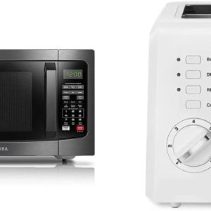 Toshiba EM131A5C-BS Microwave Oven with Smart Sensor, Easy Clean Interior, ECO Mode and Sound On/Off, 1.2 Cu Ft, Black Stainless Steel & Cuisinart CPT-122 Compact Plastic 2-Slice Toaster, White