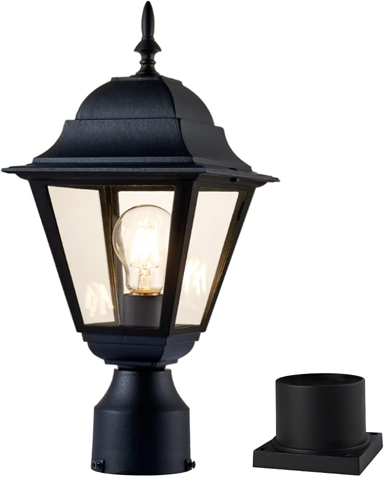 Outdoor Post Light,Waterproof Cast Aluminium Lamp Post Light Fixture,Post Lantern with Pier Mount Base,Matte Black,16.5in,Suitable for Garden,Yard,Driveway,etc