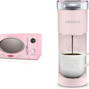 Nostalgia Retro Countertop Microwave Oven, 0.9 Cu. Ft. 800-Watts, Child Lock, Cu.Ft, Pink & Keurig K-Mini Coffee Maker, Single Serve K-Cup Pod Coffee Brewer, 6 to 12 oz. Brew Sizes, Dusty Rose