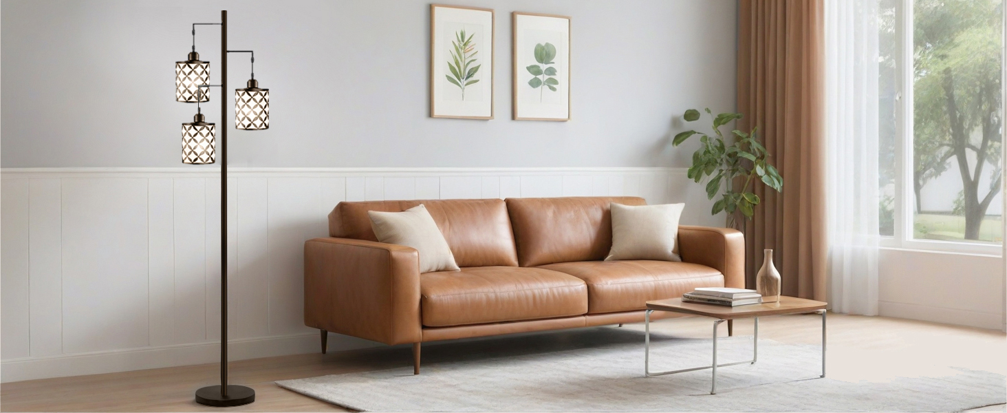 Dimmable Floor Lamp, Farmhouse Standing Lamp with Elegant Metal Cage