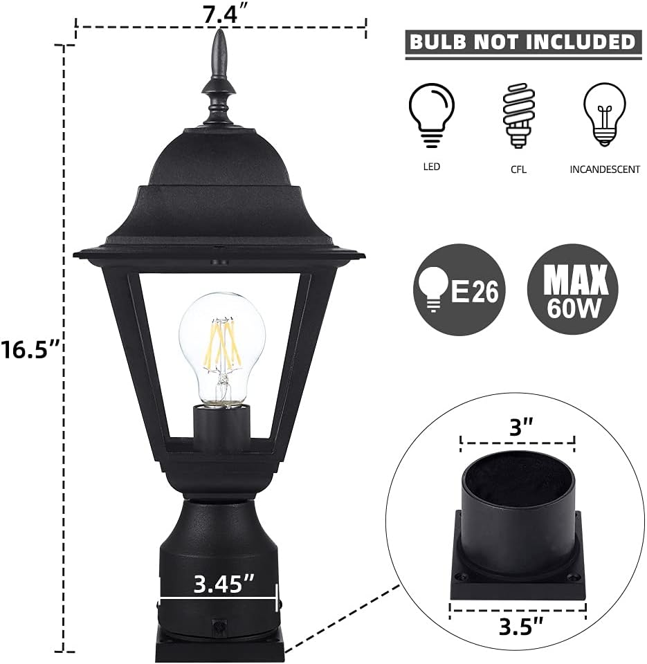Outdoor Post Light,Waterproof Cast Aluminium Lamp Post Light Fixture,Post Lantern with Pier Mount Base,Matte Black,16.5in,Suitable for Garden,Yard,Driveway,etc - Image 3