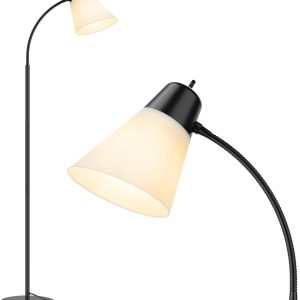 Floor Lamp for Living Room, Adjustable Gooseneck Standing Lamp with White Plastic Shade, Black Reading Floor Lamps for Dorm, Bulb not Included