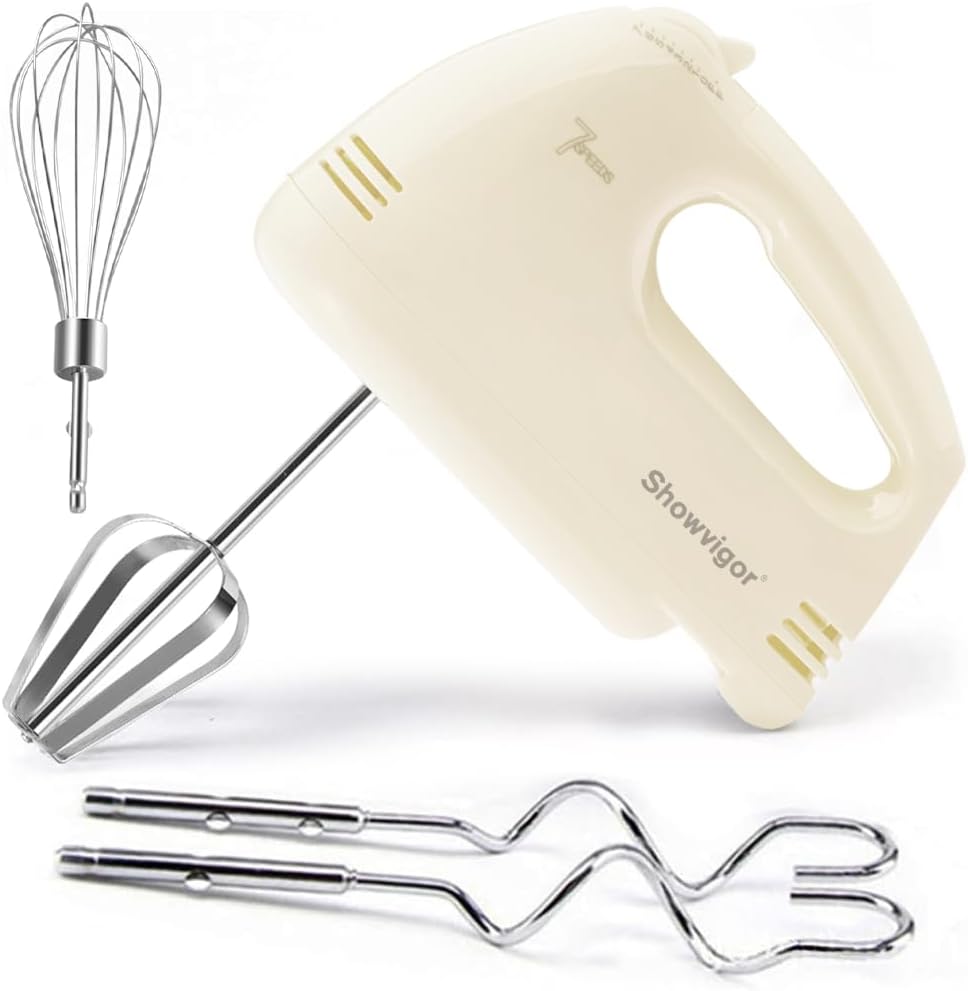 Handmixer Electric Handheld - 7 Speed Portable Kitchen Mixer Electric with 5 Stainless Steel Accessories Whisk, Food Beater for Whipping Mixing Cookies Cakes Eggs, Beige