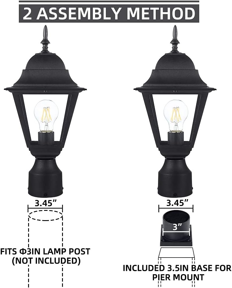 Outdoor Post Light,Waterproof Cast Aluminium Lamp Post Light Fixture,Post Lantern with Pier Mount Base,Matte Black,16.5in,Suitable for Garden,Yard,Driveway,etc - Image 4