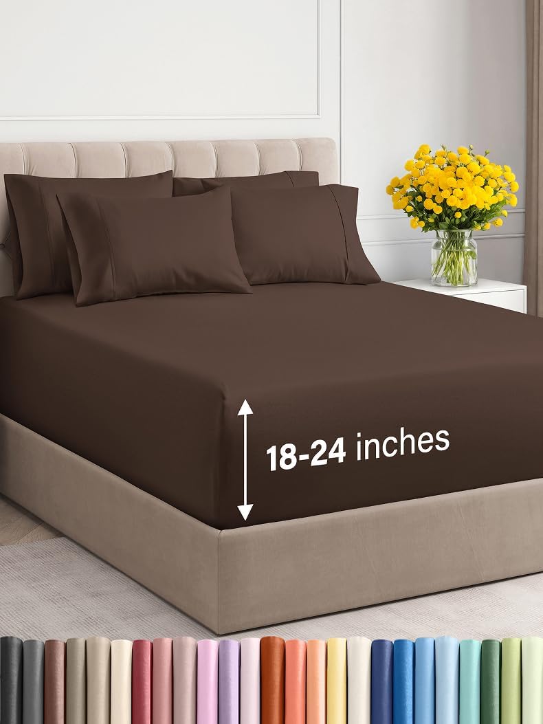 Extra Deep Queen Sheet Set – 6 Piece Breathable and Cooling Sheets – Hotel Luxury Bed Sheets Set – Easy & Secure Fit – Soft, Wrinkle Free and Comfy Sheets Set – Brown Sheet Set with Extra Deep Pockets
