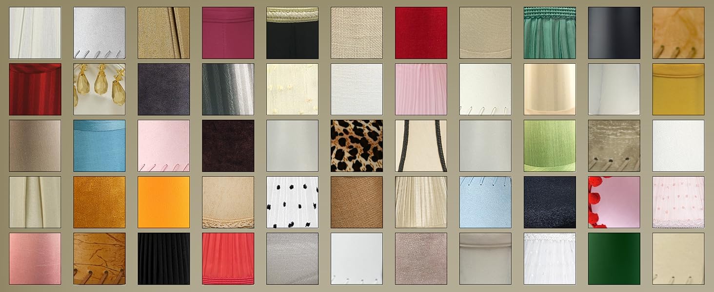 Grid of chandelier shade fabrics and colors.