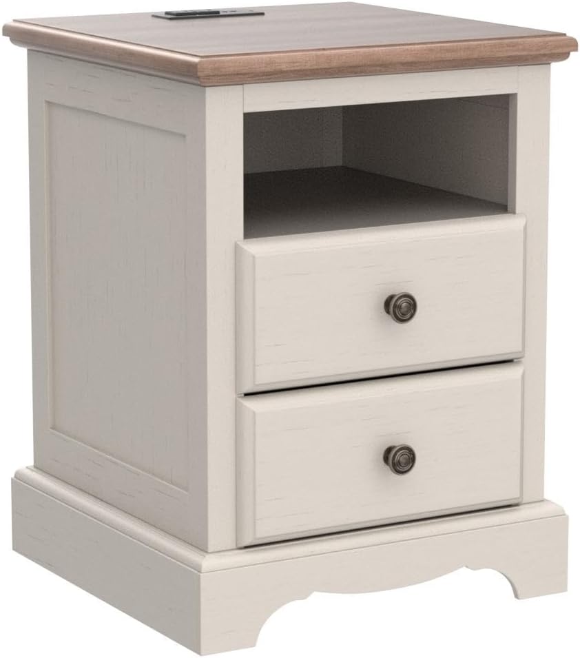 T4TREAM Nightstand with Charging Station, 18 Inch Vintage End Table with 2 Drawers, Wood Rustic Sofa Side Table with Open Storage Shelf for Bedroom, Living Room, Antique White - Image 4