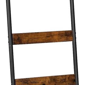 HOOBRO Blanket Ladder, 5-Tier Towel Rack with Hooks, Wall-Leaning Blanket Rack, Decorative Display Ladder Shelf, for Scarves, Industrial, Living Room, Bedroom, Rustic Brown and Black BF52CJ01