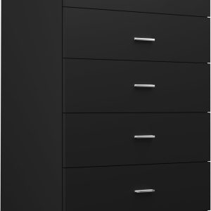 Dresser for Bedroom with Power Outlets Wood 5 Drawer Dresser with Large Storage Space Black Chest of Drawers with Smooth Metal Rail Tall Storage Organizer for Bedroom Living Room Closet
