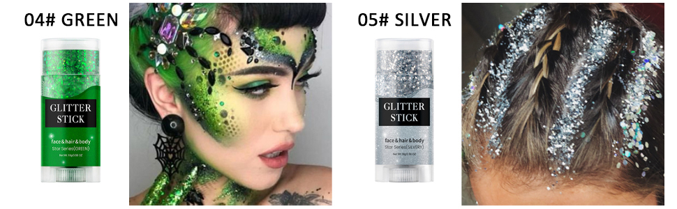 silver body glitter,green face glitter