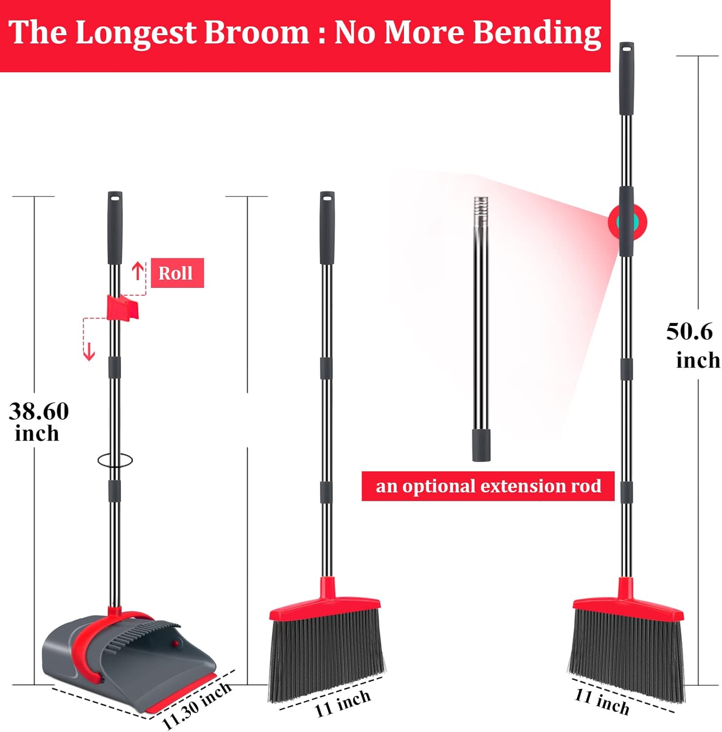 Broom and Dustpan Set,Broom with Dustpan Combo Set Dust pan with Long Handle, for Home Kitchen Room Office Lobby Floor Use Upright Stand Up(Gray&Red) - Image 2
