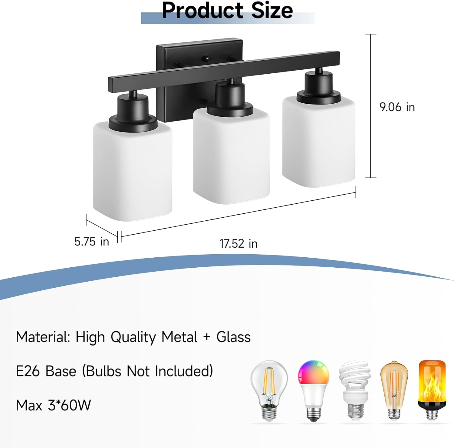 3-Light Bathroom Vanity Light,Modern Matte Black Bathroom Light Fixtures with Square Frosted Glass,Wall Sconces Lighting fixtures Over Mirror Restroom, Living Room Hallway - Image 3