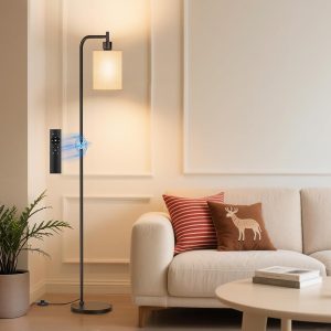 Floor Lamp with Linen Shade, Dimmable Tall Standing Lamp with Remote Control & 3 Color Temperatures, Modern Floor Lamps for Living Room Bedroom Office Corner, 9W LED Bulb Included
