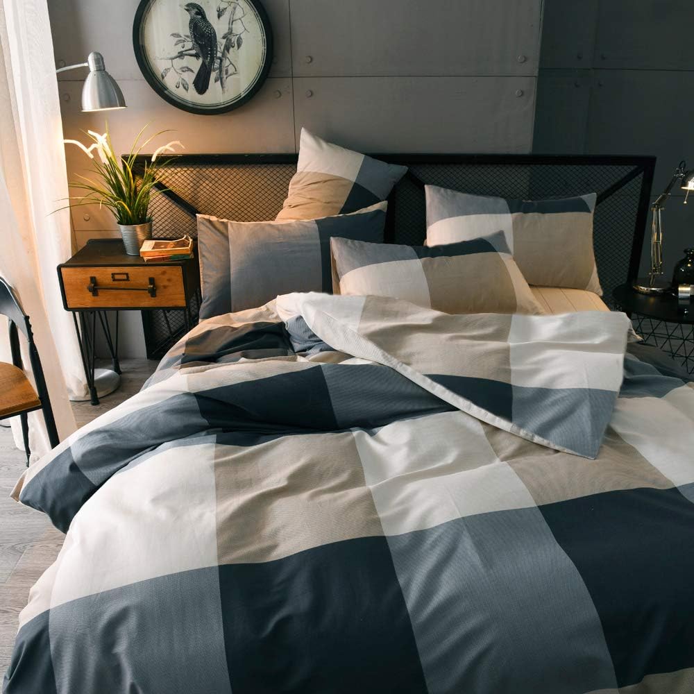 MKXI Plaid Comforter Set Queen Size, Geometric Checkered 3 Pieces Bedding Set Men Boys, Modern Style Comforter with 2 Pillow Shams All Season Soft Fluffy Bedding Set-(Tan,Dark Blue Grey,Khaki) - Image 3