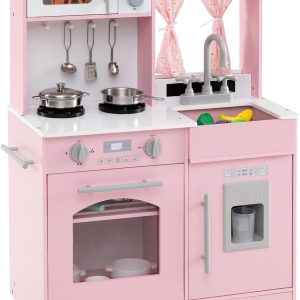 Costzon Kids Kitchen Playset, Wooden Little Chef Pretend Toy w/ 3 Adjustable Heights, Towel Bar, Curtains, Microwave, Stoves, Sink, Oven, Ice Maker & Accessories, Play Kitchen for Kids Ages 3+ (Pink)