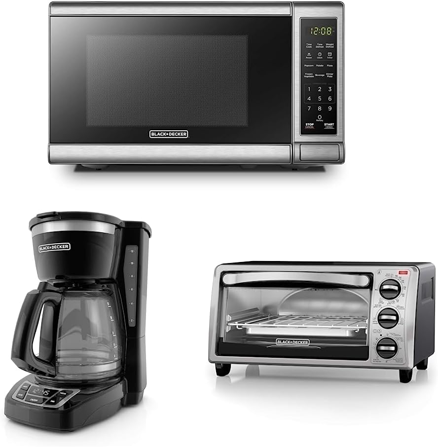 BLACK+DECKER EM720CB7 Digital Microwave Oven, 700W, Stainless Steel, 0.7 Cu.ft & CM1160B 12-Cup Programmable Coffee Maker, Black/Stainless Steel & 4-Slice Convection Oven, Stainless Steel