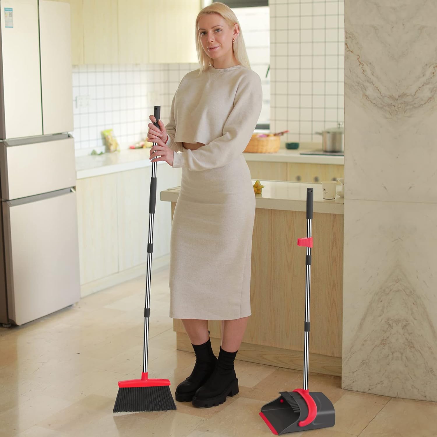 Broom and Dustpan Set,Broom with Dustpan Combo Set Dust pan with Long Handle, for Home Kitchen Room Office Lobby Floor Use Upright Stand Up(Gray&Red) - Image 7