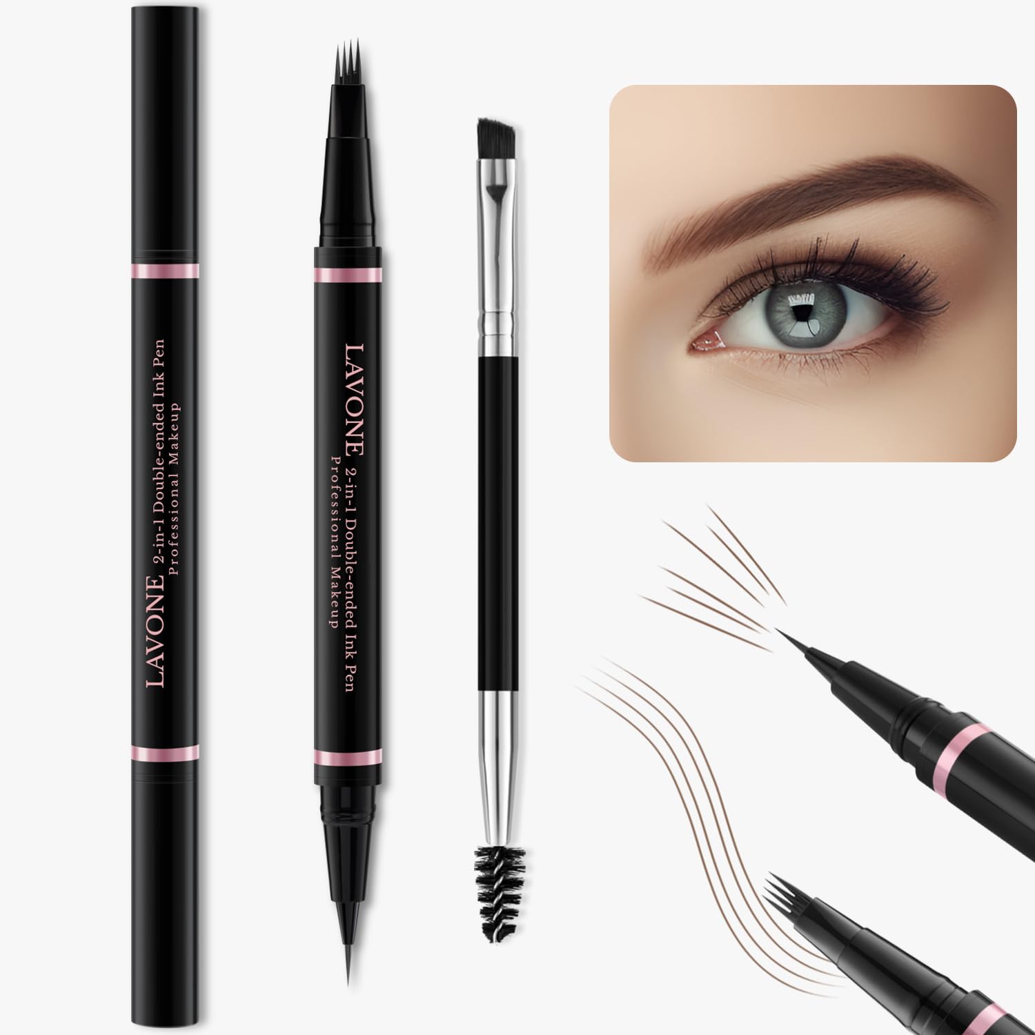 LAVONE Eyebrow Pencil Makeup Kit Waterproof 2-IN-1 Microblading Pen/Pomade Eyeliner and Dual-ended Brush, Brow Pencil Kit for Natural Eyebrows, Dark Brown - Image 2