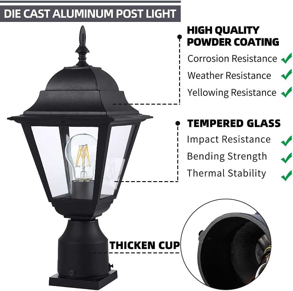 Outdoor Post Light,Waterproof Cast Aluminium Lamp Post Light Fixture,Post Lantern with Pier Mount Base,Matte Black,16.5in,Suitable for Garden,Yard,Driveway,etc - Image 2