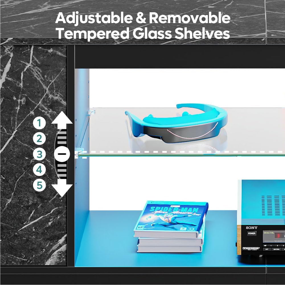 Bestier LED TV Stand for 55/60/65 Inch TV, Gaming Entertainment Center with Cabinet for PS5, Xbox,Modern TV Cabinet with Adjustable Glass Shelves for Living Room, Bedroom 57 Inch,Black Marble - Image 5