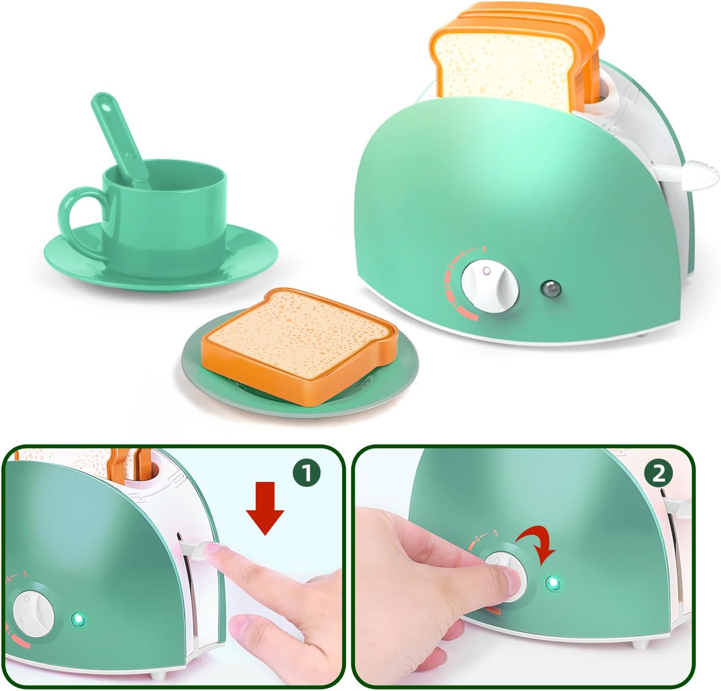 Play Kitchen Toys, Pretend Play Kitchen Appliances Toy Set with Coffee Maker, Mixer, Toaster with Realistic Lights& Sounds, Birthday Gift for Kids Ages 3-5 4-6 6-8 (Green) - Image 6