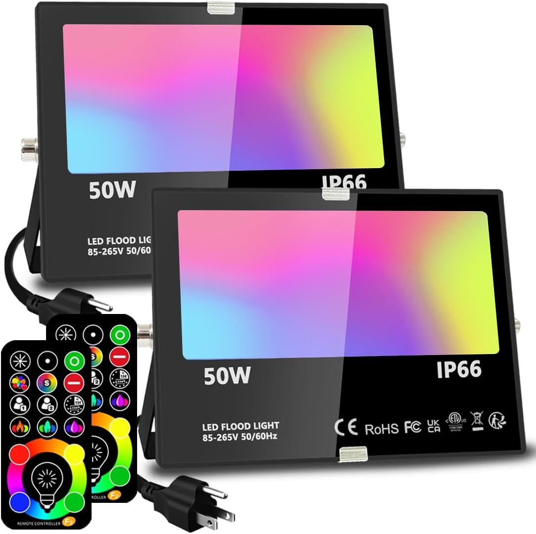 MELPO Led Flood Light 500W Equivalent, RGBW Led Outdoor Lights Colored Floodlight with Remote,50W,5000ML 2700K,120 Colors, Timing, Dimmable, Custom Modes, Landscape Lighting (2 Pack)