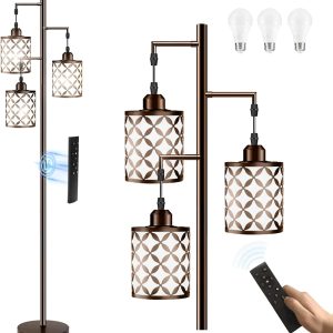 New Upgraded 72" Tall Dimmable Floor Lamp with Remote Control & White PC Shades, Farmhouse Standing Lamp with Bulbs, Industrial Tree Pole Floor Lamps for Living Room, Bedroom, Study Room, Office-Brown