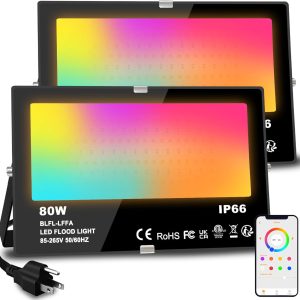 MELPO LED Flood Light Outdoor 800W Equivalent 8000LM Smart RGB Landscape Lighting with APP Control, DIY Scenes - Timing - Warm White 2700K - Color Changing Uplight, IP66 Waterproof US Plug (2Pack)