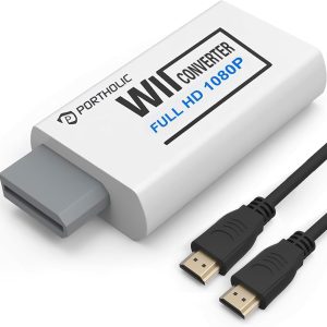 PORTHOLIC Wii to HDMI Converter 1080P for Full HD Device, Wii HDMI Adapter with 3,5mm Audio Jack&HDMI Output Compatible with Wii, Wii U, HDTV, Monitor-Supports All Wii Display Modes 720P, NTS