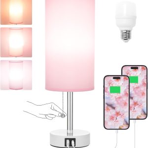 Hong-in Pink Bedside Lamp - 3 Color Modes, Small Lamp with USB-C and USB-A Charging Ports, Pull Chain, Nightstand Light for Bedroom, Office, Kids Room (Bulb Included)