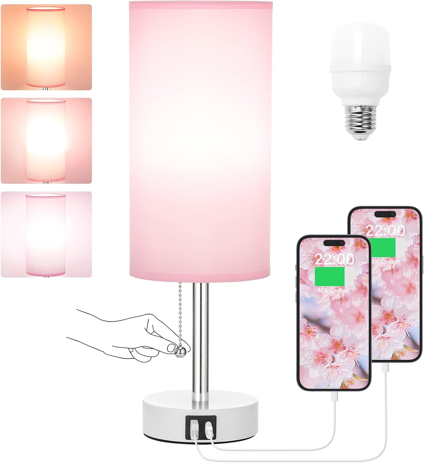 Hong-in Pink Bedside Lamp – 3 Color Modes, Small Lamp with USB-C and USB-A Charging Ports, Pull Chain, Nightstand Light for Bedroom, Office, Kids Room (Bulb Included)