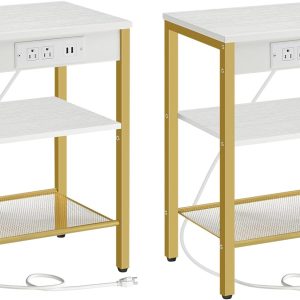 HOOBRO End Tables Set of 2 with Charging Station and USB Ports, 3-Tier Nightstands with Adjustable Shelves, Small Side Tables for Small Space in Living Room, Bedroom, White and Gold DW112BZP201G1