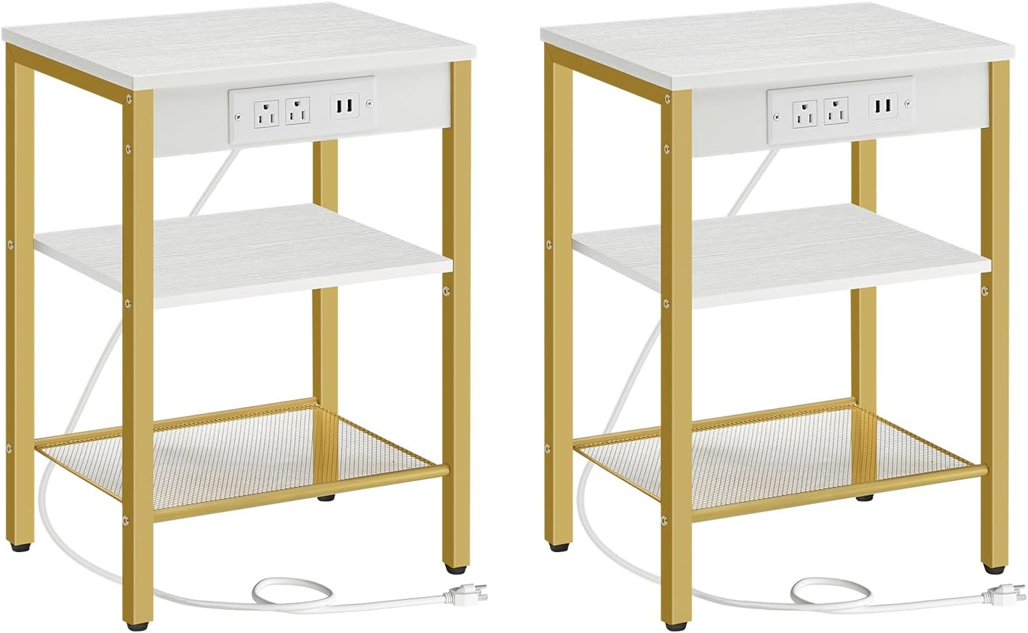 HOOBRO End Tables Set of 2 with Charging Station and USB Ports, 3-Tier Nightstands with Adjustable Shelves, Small Side Tables for Small Space in Living Room, Bedroom, White and Gold DW112BZP201G1