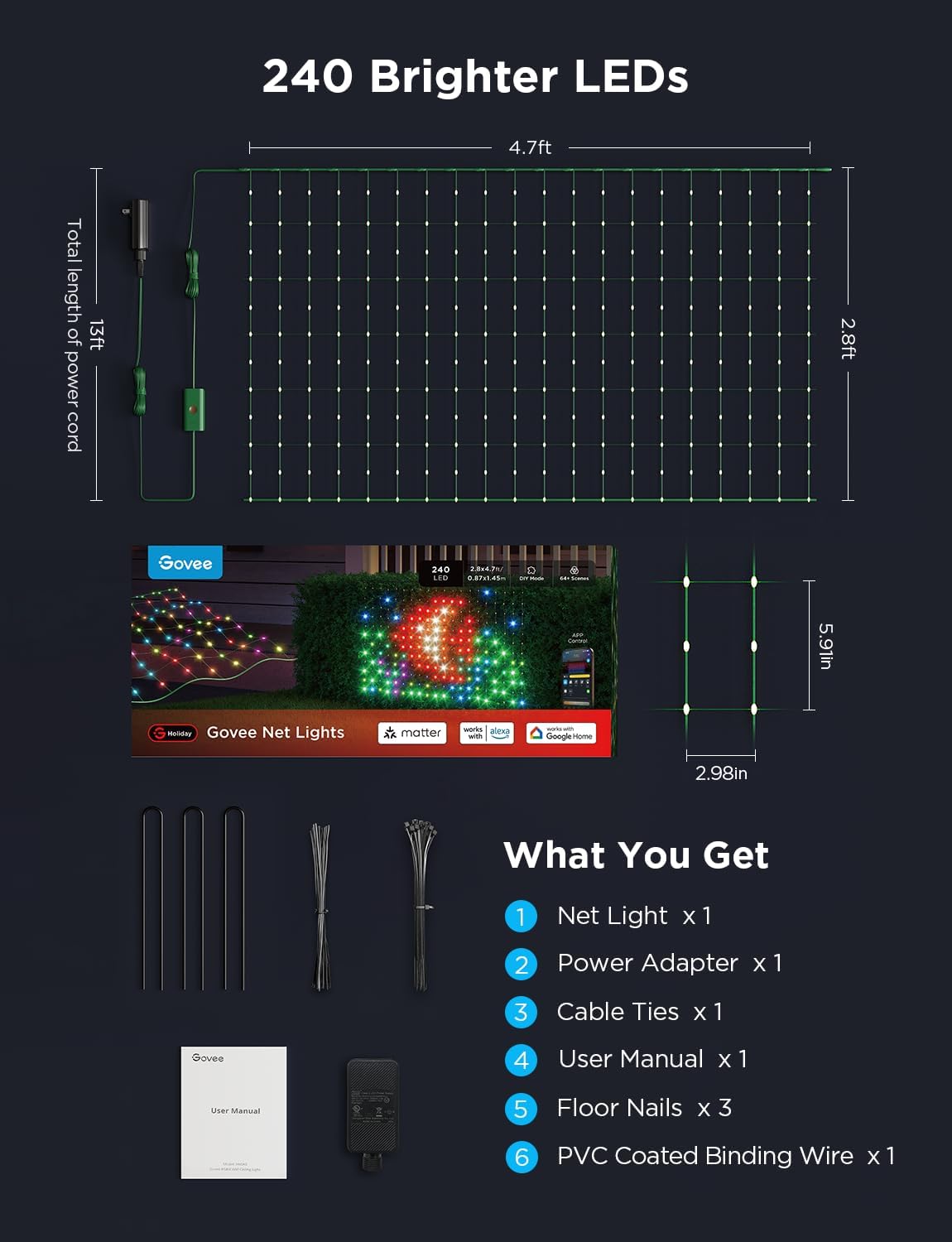 Govee Outdoor Net Lights, 2.8*4.7ft with RGBIC and DIY Functions, 240 LEDs Smart Net Lights with 64 Modes for Bush Patio Decor, Compatible with Alexa & Google Assistant, Outdoor Waterproof, Green Wire - Image 9