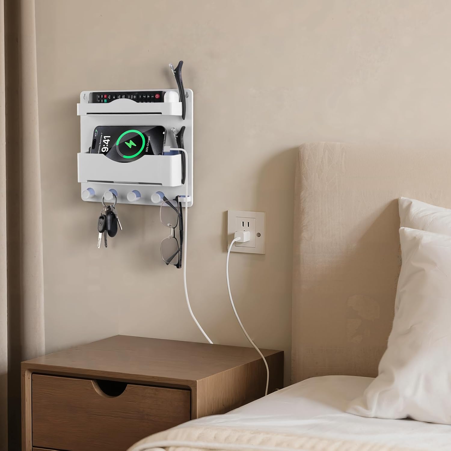 JUMEIHUI Bedside Wall Shelf with Glasses Hooks ,Adhesive Bedside Organizer Wall Mount for Dorm and Room Accessories Phone,Remote,Earphone, Kindle (White) - Image 2