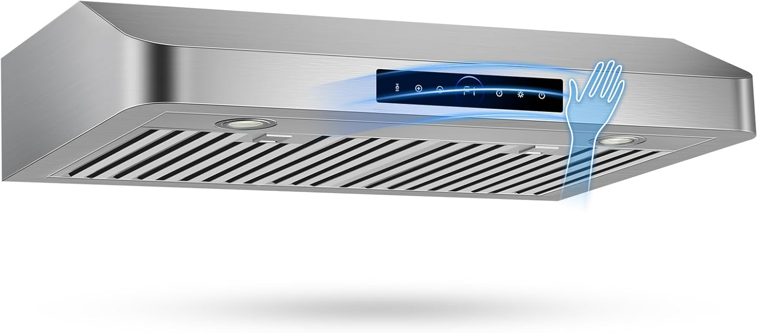 30 Inch Under Cabinet Range Hood 1200CFM, 4-Speed Kitchen Hood with Touch Control & Gesture Sensing Stainless Steel Kitchen Stove Vent Hoods with 2 LED Lights Standard Series