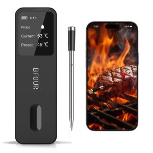 BFOUR Meat Thermometer Digital Wireless with LCD Booster, Bluetooth Food Cooking Thermometer with Smart App, 524FT Remote Range, 100% Waterproof & 752°F Heat Resistant Probe for BBQ Oven Grill Smoker