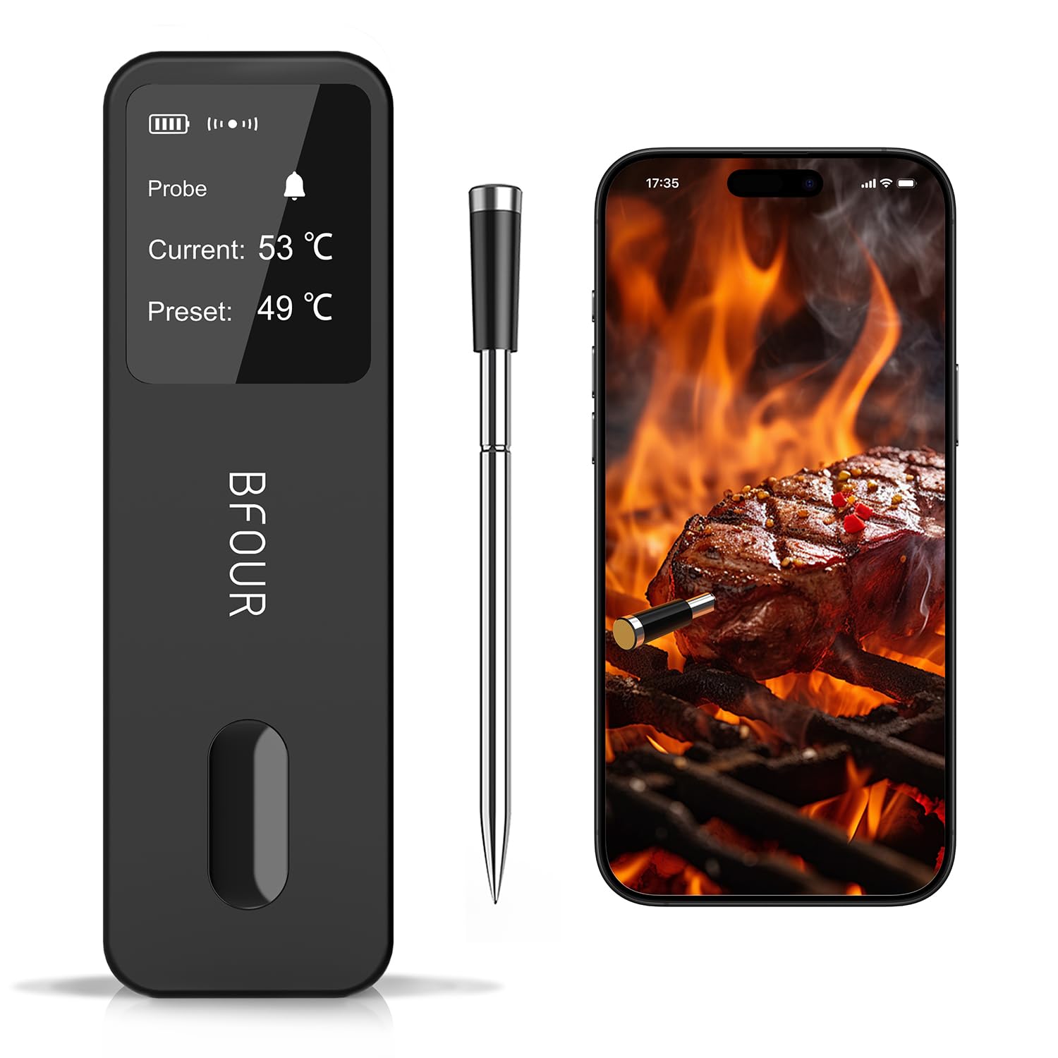 BFOUR Meat Thermometer Digital Wireless with LCD Booster, Bluetooth Food Cooking Thermometer with Smart App, 524FT Remote Range, 100% Waterproof & 752°F Heat Resistant Probe for BBQ Oven Grill Smoker