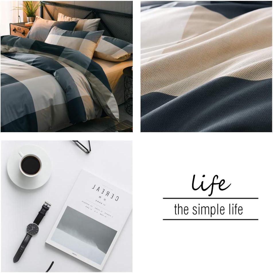 MKXI Plaid Comforter Set Queen Size, Geometric Checkered 3 Pieces Bedding Set Men Boys, Modern Style Comforter with 2 Pillow Shams All Season Soft Fluffy Bedding Set-(Tan,Dark Blue Grey,Khaki) - Image 6