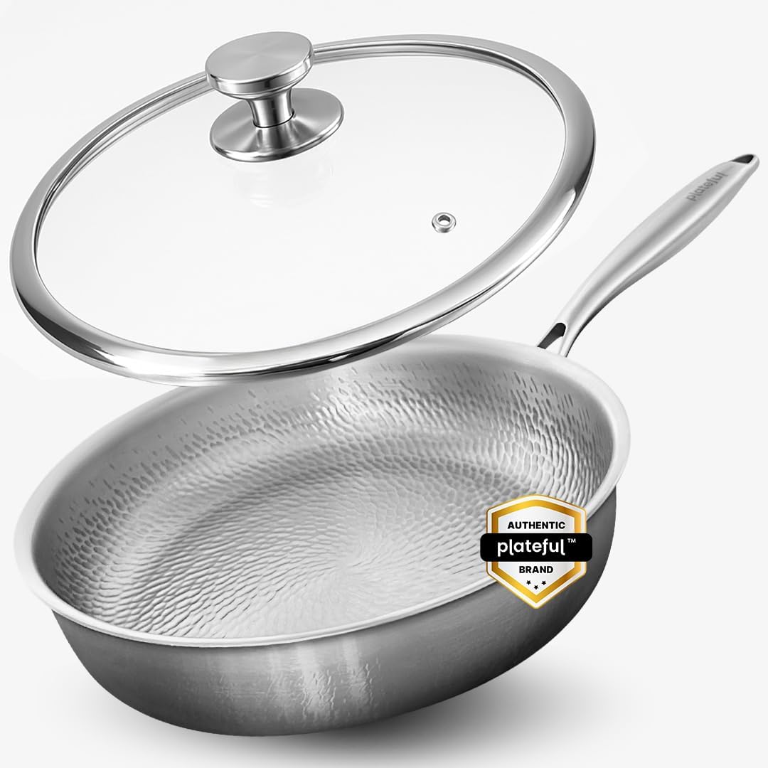 Plateful Titanium Pan For Cooking 12″ – Pure, No Coating Non-Stick Titanium Cookware, Frying Pans, Hammered Pan, Safe For Oven, Induction & Cooktops Up To 750°F, Includes Lid