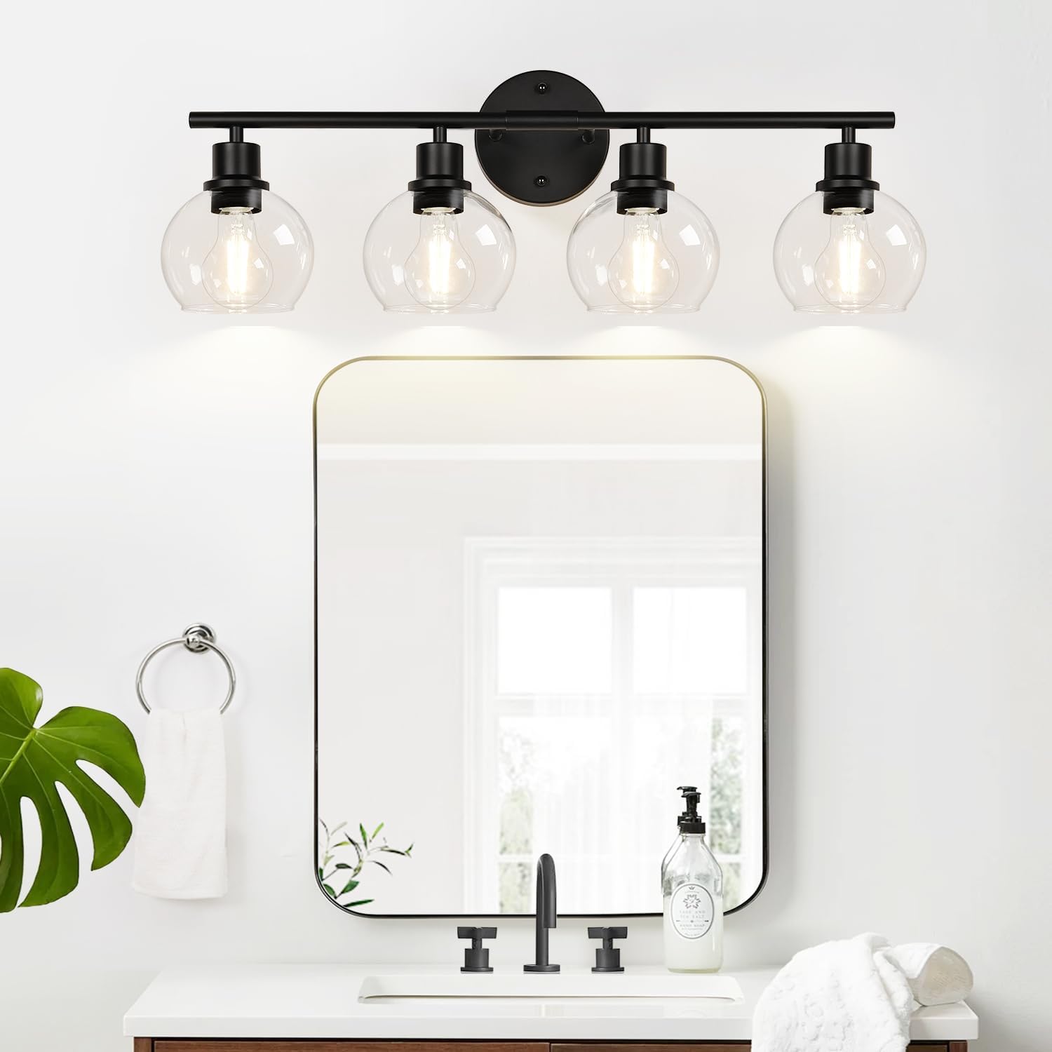 2025 Upgrade 4-Light Bathroom Light Fixtures, Black Bathroom Lights Over Mirror with Clear Glass Globe Shade, Vanity Lights for Bathroom Kitchen Living Room Hallway Cabinet Bedroom Porch - Image 9